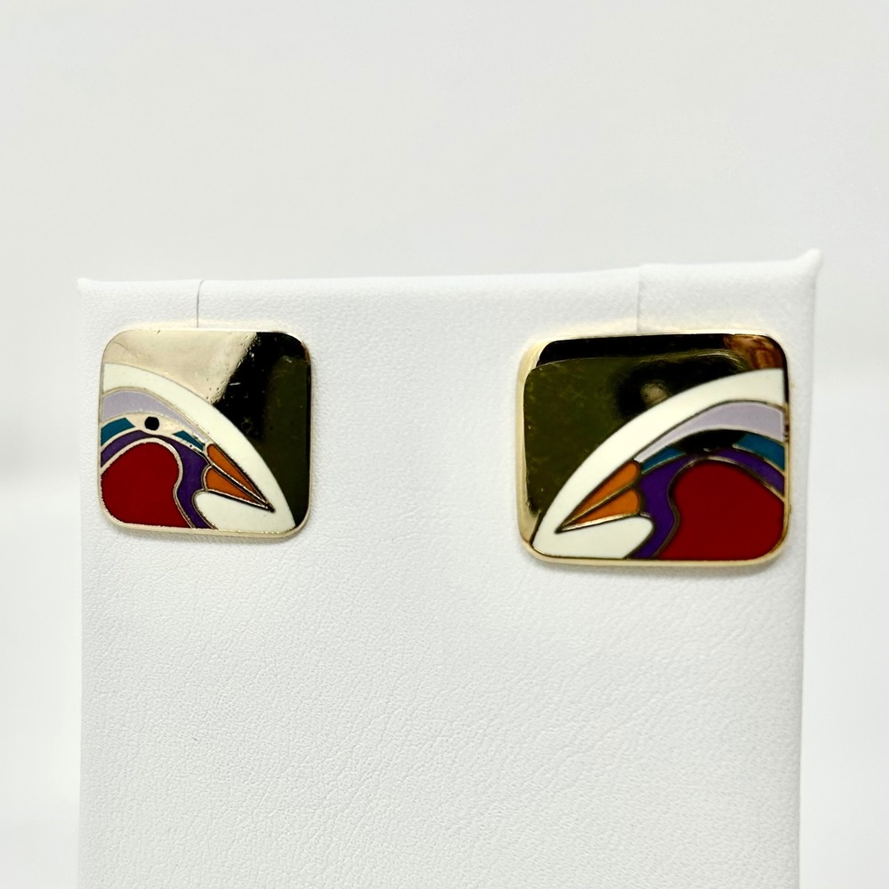 VTG Laurel‎ Burch Tori Mon Enamel Art Deco Square Stud Earrings Gold Tone